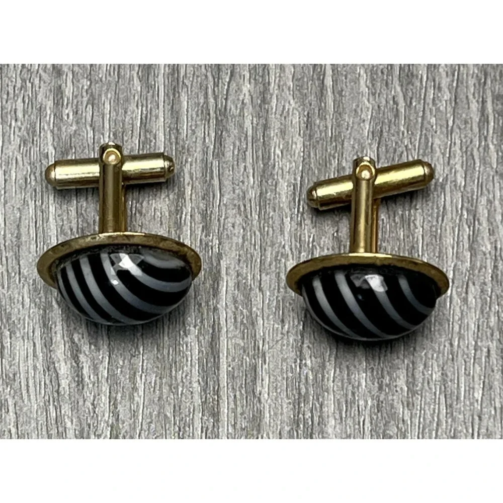 Black White Stripe Oval‎ Cufflinks Mens Gold Tone Domed Cabochon Classic